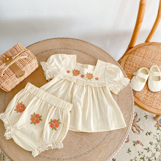 Summer Baby Flower Embroidered Short-sleeved Shirt Shorts Suit