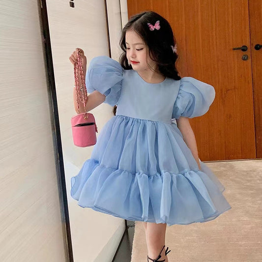 Girls Princess Mesh Puff Sleeve Dress