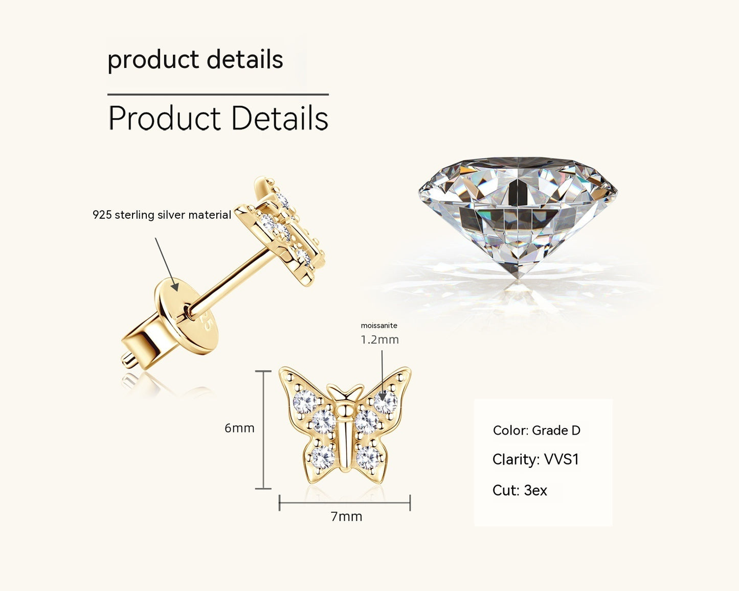 Korean Butterfly Moussan Diamond Ear Team S925 Zeng Silver Jewelry