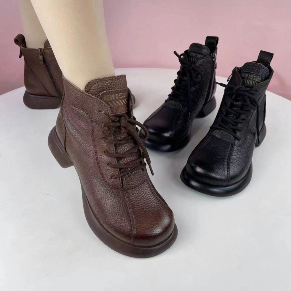 Round Toe Lace-up Platform Ankle Boots