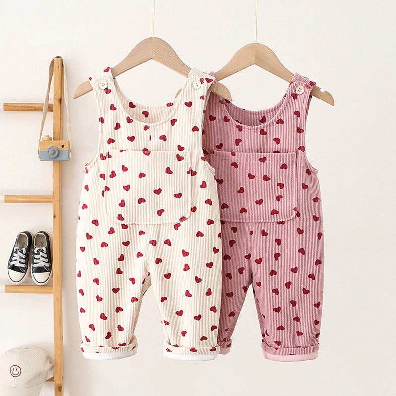 Fashion Girls Heart Printing Corduroy Overalls