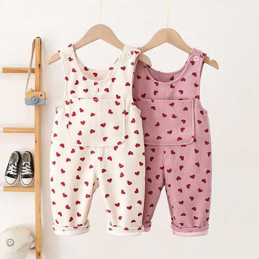 Fashion Girls Heart Printing Corduroy Overalls