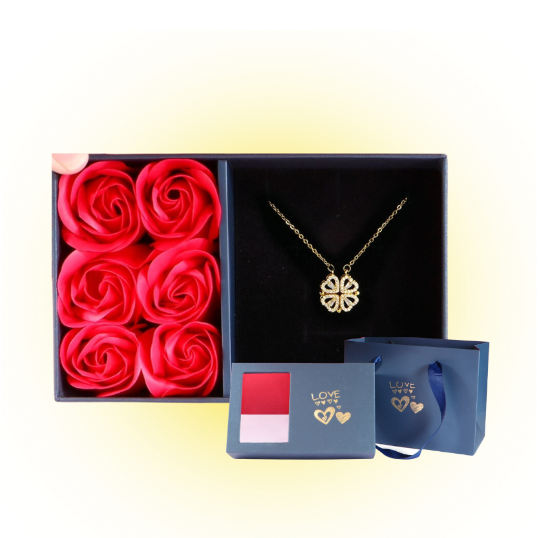 2 in 1 Heart Clover Necklace + Box with 6 Roses