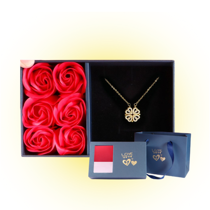 2 in 1 Heart Clover Necklace + Box with 6 Roses