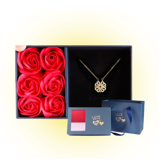 2 in 1 Heart Clover Necklace + Box with 6 Roses