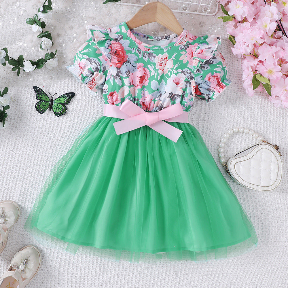 Girls Puff Sleeve Flower Printed Mesh Dress