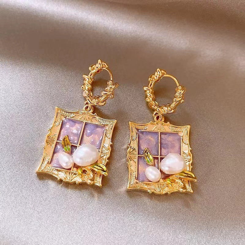 Garden Purple Oil Painting Style Baroque Pearl Earrings Retro