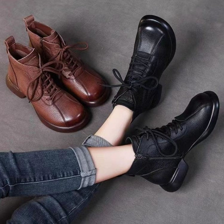 Round Toe Lace-up Platform Ankle Boots